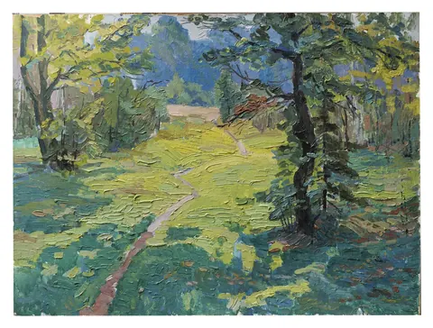 «Майская теплынь» — Исаев Ю. В., картон, масло, 1977 г., 93×69 см