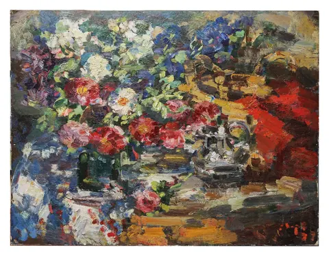 «Букет на солнце» — Меринов А. И., картон, масло, 1989 г., 107×86 см