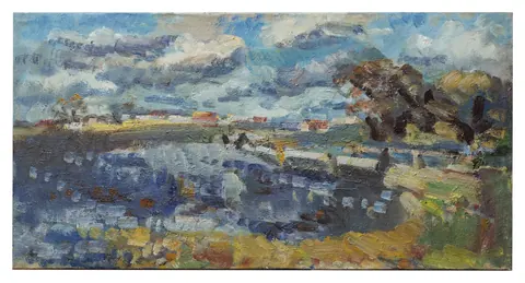 «Озеро в камышах» — Меринов А. И., холст, масло, 1989 г., 53×100 см