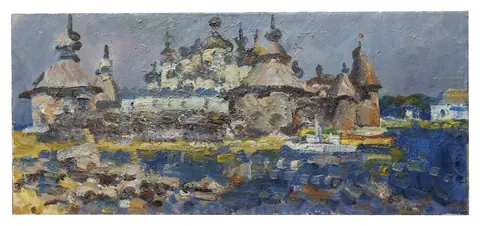 «На реке Великая» — Меринов А. И., холст, масло, 1997 г., 48×104 см