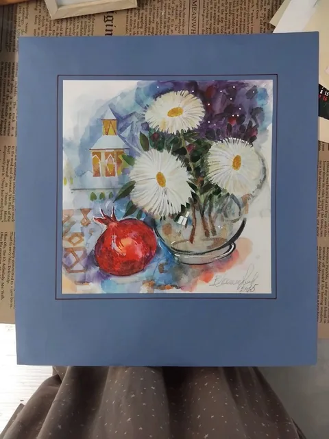 «Астры и гранат» — Саможенов В. Ф., акварель, бумага, 30×30 см, в паспарту