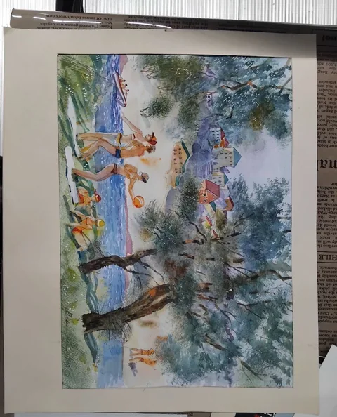«Летний день на реке» — Саможенов В. Ф., акварель, бумага, 30×42 см, в паспарту