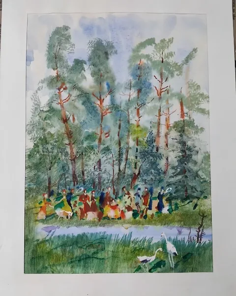 «Праздник в сосновом бору» — Саможенов В. Ф., акварель, бумага, 27×26 см, в паспарту