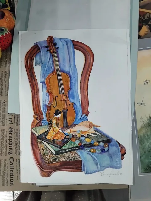 «Скрипка на стуле» — Саможенов В. Ф., акварель, бумага, 55×40 см, в паспарту