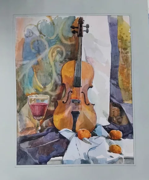 «Натюрморт со скрипкой» — Саможенов В. Ф., акварель, бумага, 58×42 см
