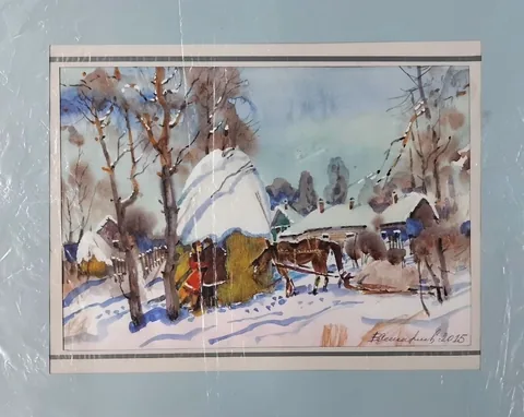 «Зимняя деревня» — Саможенов В. Ф., акварель, бумага, 21×30 см, в паспарту