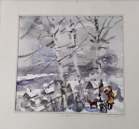 «Зимний день» — Саможенов В. Ф., акварель, бумага, 24×26 см, в паспарту