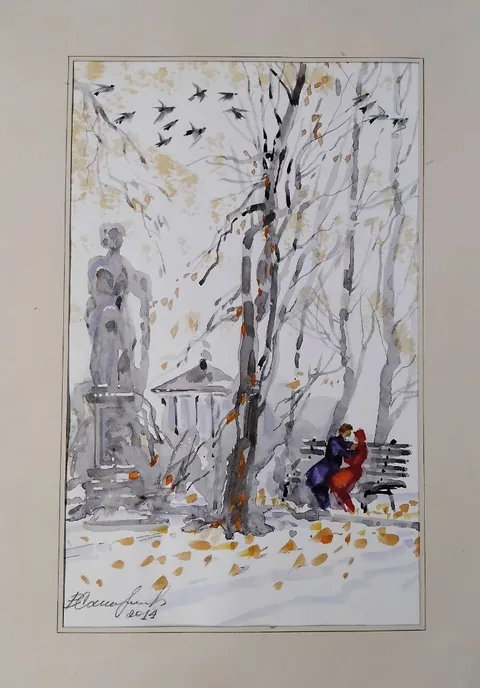 «Первый снег в парке» — Саможенов В. Ф., акварель, бумага, 37×26 см, в паспарту