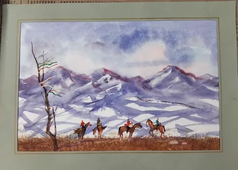 «Всадники в горах» — Саможенов В. Ф., акварель, бумага, 24×37 см, в паспарту