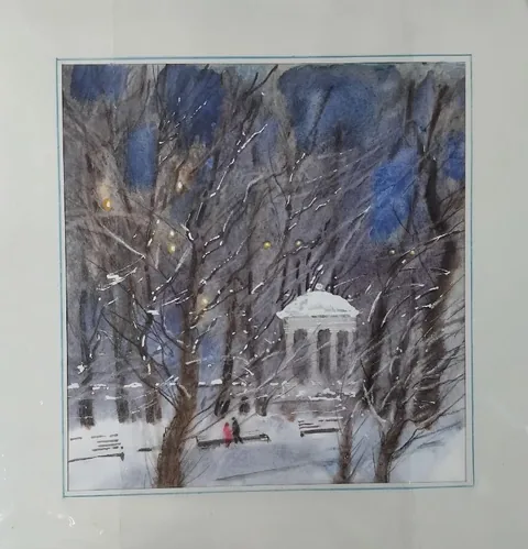 «Ротонда зимой» — Саможенов В. Ф., акварель, бумага, 30×30 см, в паспарту