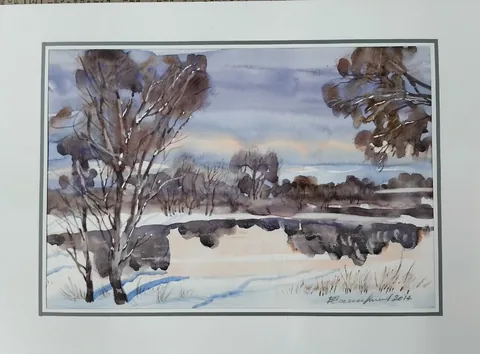 «Зимняя река» — Саможенов В. Ф., акварель, бумага, 20×30 см, в паспарту