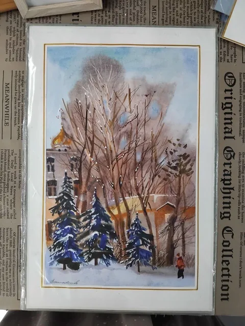 «Зима у храма» — Саможенов В. Ф., акварель, бумага, 35×22 см, в паспарту