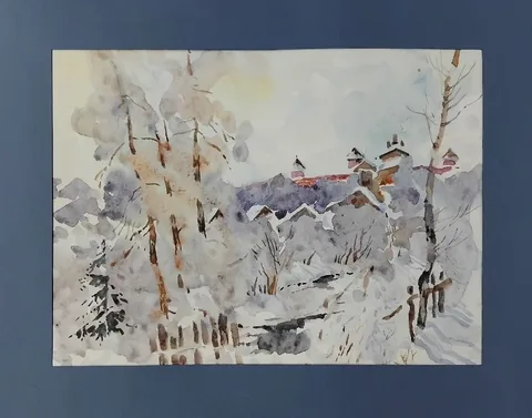 «Деревня в снегу» — Саможенов В. Ф., акварель, бумага, 23×30 см, в паспарту