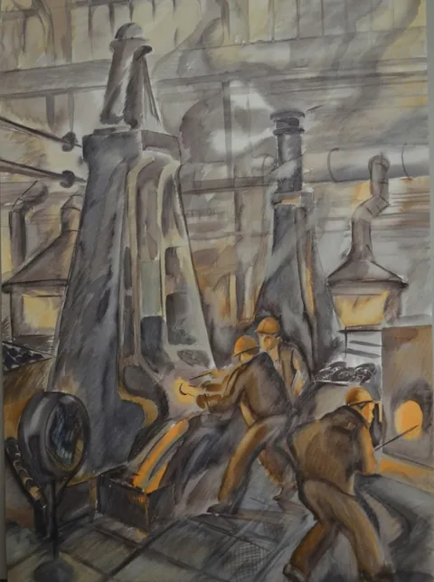 «В цеху (Сталевары)» — Саможенов В. Ф., акварель, бумага, 80×60 см
