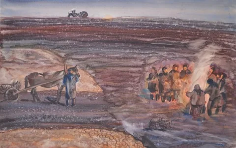 «В поле (после работы)» — Саможенов В. Ф., акварель, бумага, 1982 г., 75×54 см
