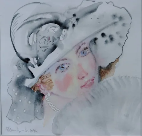 «Девушка с веером» — Саможенов В. Ф., акварель, бумага, 2010 г., 30×31 см