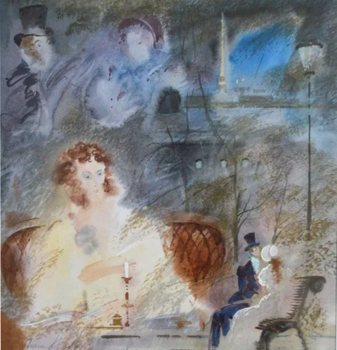 «Онегинская скамейка» — Саможенов В. Ф., акварель, бумага, 2009 г., 32×30 см