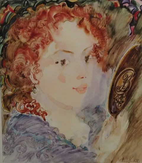 «Девушка с зеркальцем» — Саможенов В. Ф., акварель, бумага, 1996 г., 29×26 см