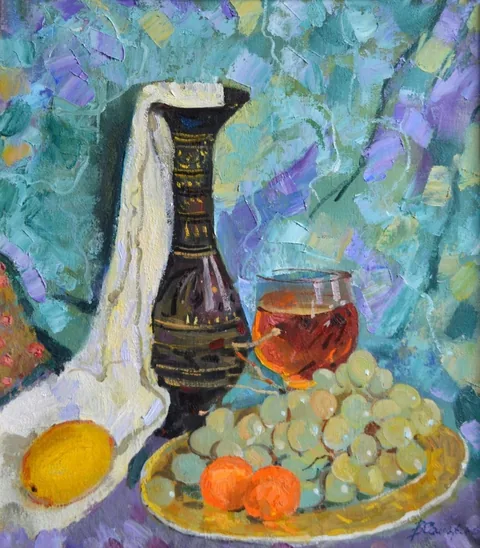 «Натюрморт с вином» — Саможенов В. Ф., холст, масло, 45×40 см