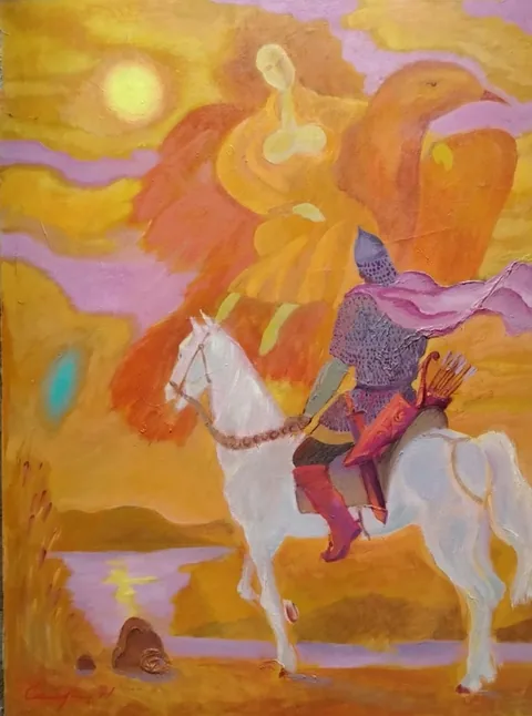 «Подарок Императору» — Саможенов В. Ф., холст, масло, 1990 г., 65×80 см, правая часть триптиха «Шапка Мономаха»