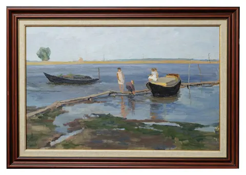 «Ока. Дети в лодке» — Сергеев Н. С., холст, масло, 1958 г., 49×77 см