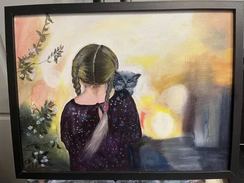 «Девочка с котёнком» — акрил, холст на картоне 30×40